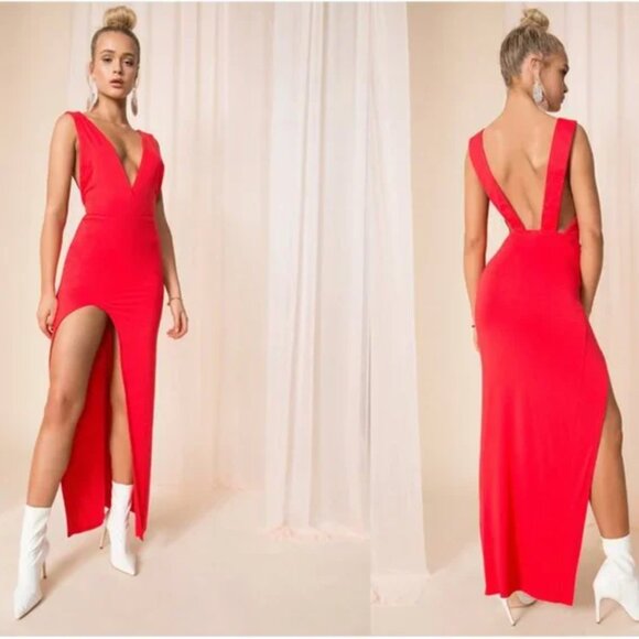 NEW Superdown Revolve Erika Deep V-Neck Jersey Knit Maxi Dress Slit Size Small - Picture 1 of 14